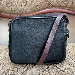 Rachel Comey Pico Black Ponyhair Brown Leather Strap Dual Pouch Shoulder Bag